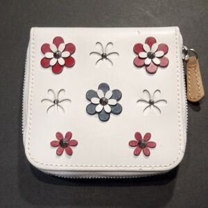 WOLF White Zip Wallet with Red and Blue Floral Appliqués